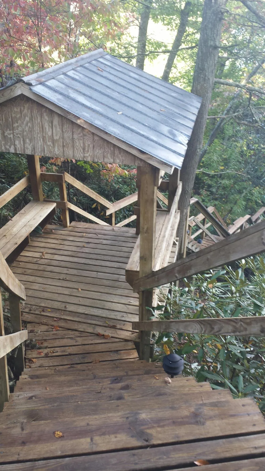 Metal roofed shelter over wooden steps on a wooded walkway — Skylight Repair & Installation work by our crew in Zirconia